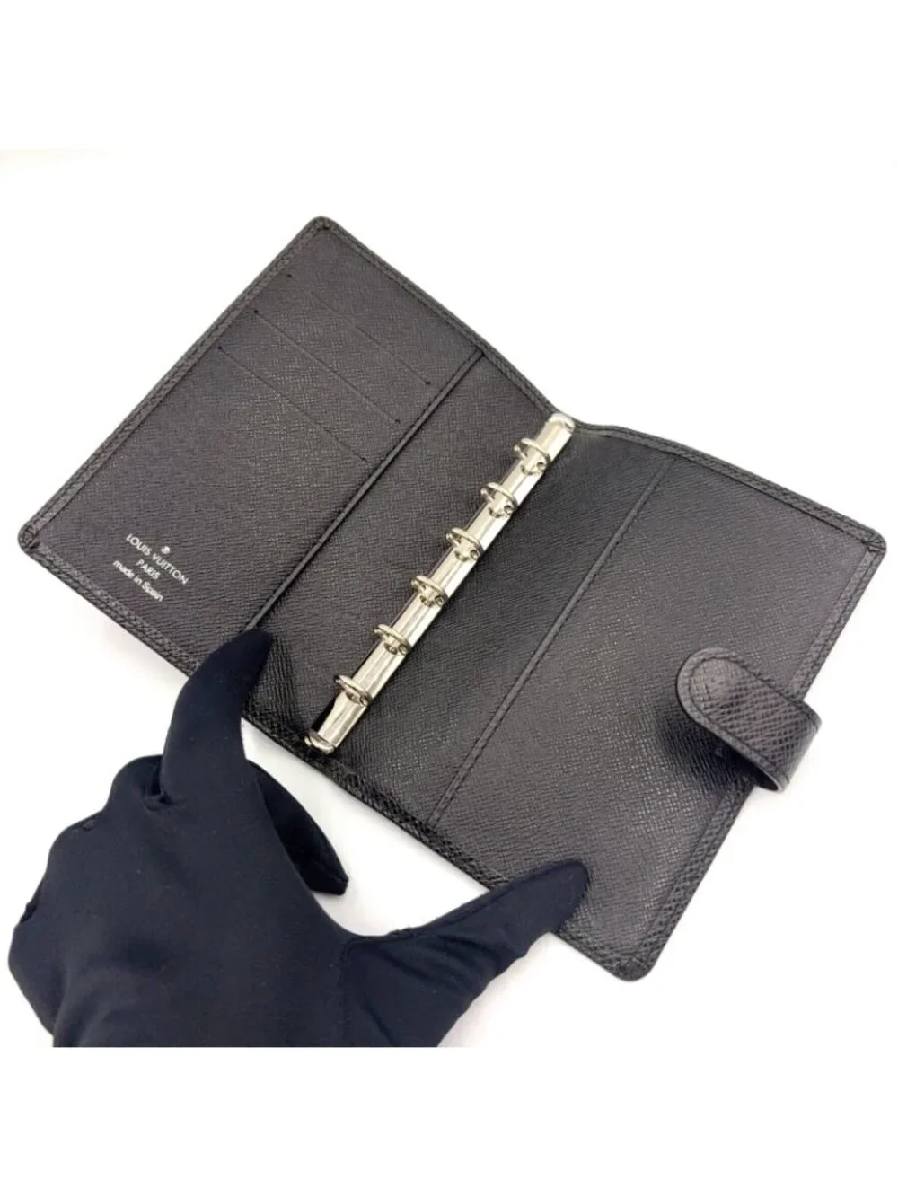 Louis Vuitton Agenda PM Taiga Leather Black Notebook Cover Silver